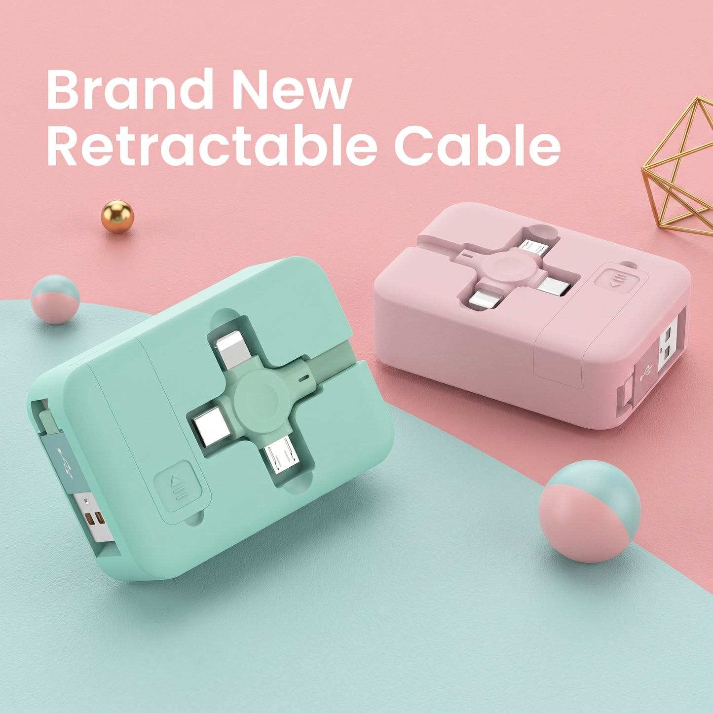Brand New Retractable Cable. Two compact, open retractable charging cables, one mint green and one pink, are displayed on a split pink and teal background, showcasing their various connectors.