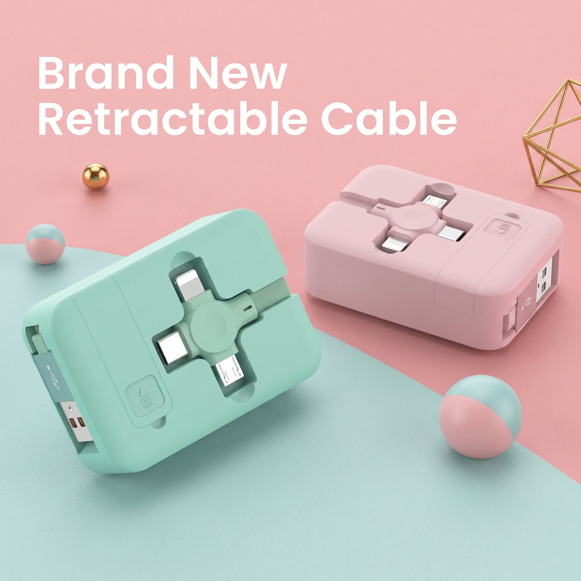 Brand New Retractable Cable. Two compact, open retractable charging cables, one mint green and one pink, are displayed on a split pink and teal background, showcasing their various connectors.