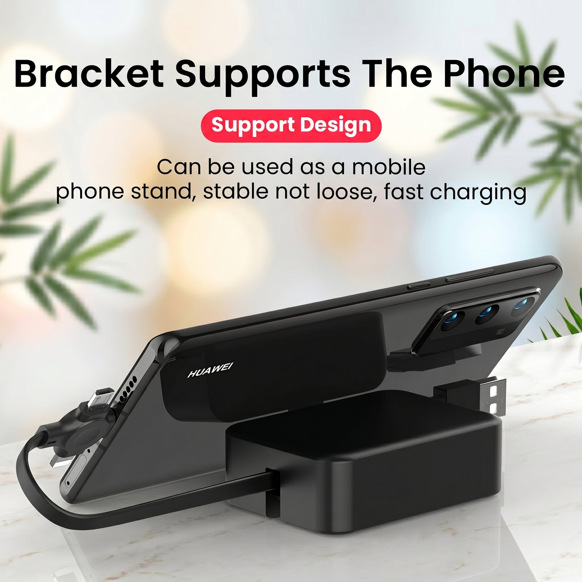 A black smartphone rests horizontally on a connected black rectangular charging device, demonstrating its stand function. Bracket Supports The Phone, Support Design, Can be used as a mobile phone stand, stable not loose, fast charging.