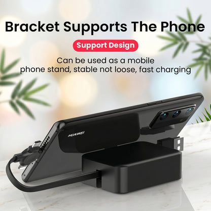 A black smartphone rests horizontally on a connected black rectangular charging device, demonstrating its stand function. Bracket Supports The Phone, Support Design, Can be used as a mobile phone stand, stable not loose, fast charging.