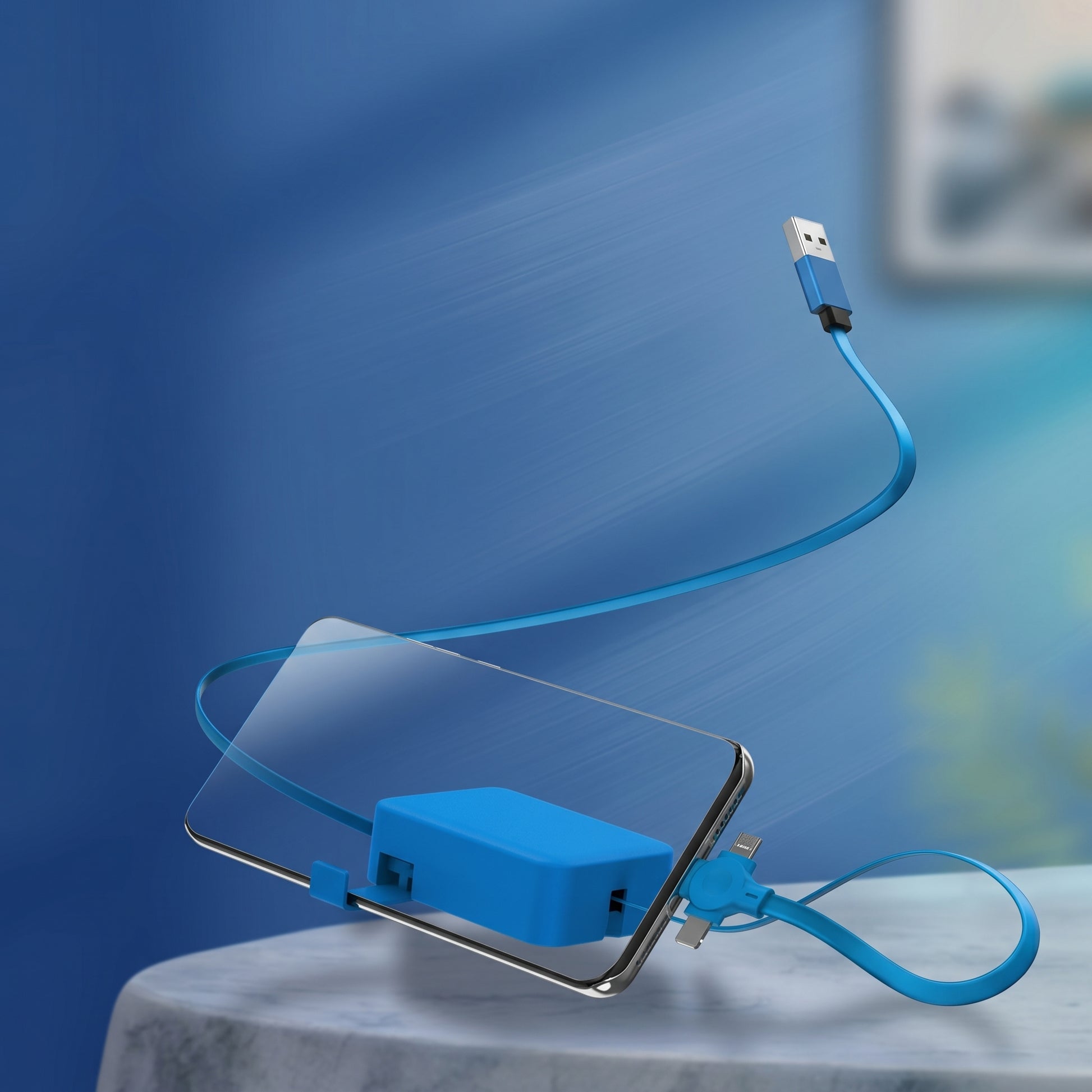 A blue 4-in-1 retractable charging cable connects to a smartphone. The cable's central blue housing is attached to the phone, with a USB-A end extended upwards.