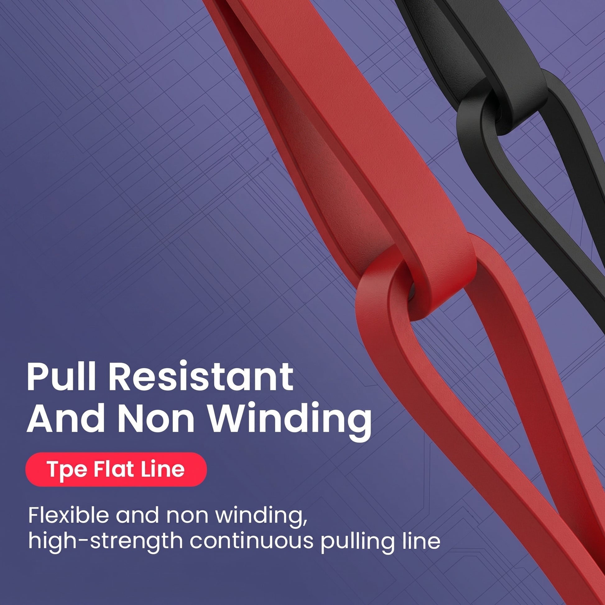 A close-up shows intertwined red and black flat cables against a patterned background. Text reads: "Pull Resistant And Non Winding. Tpe Flat Line. Flexible and non winding, high-strength continuous pulling line.