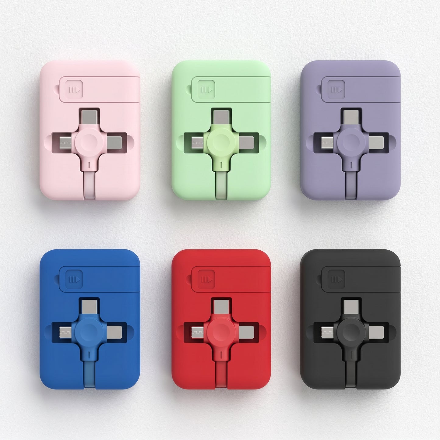 Six colorful Zainzio 4-in-1 retractable cables are shown. They come in pink, green, purple, blue, red, and black, each with 'LLL' text.