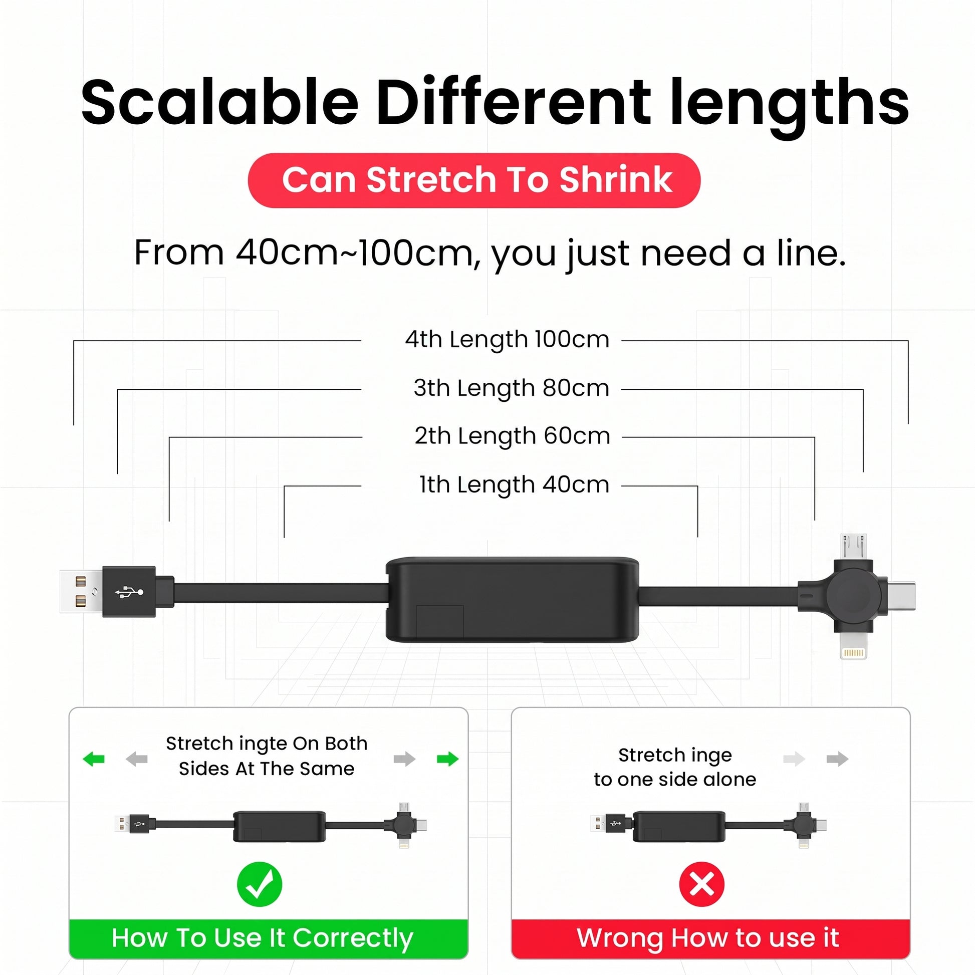 This image illustrates a retractable multi-cable showcasing "Scalable Different lengths" from 40cm-100cm and demonstrating "How To Use It Correctly" by stretching both sides.