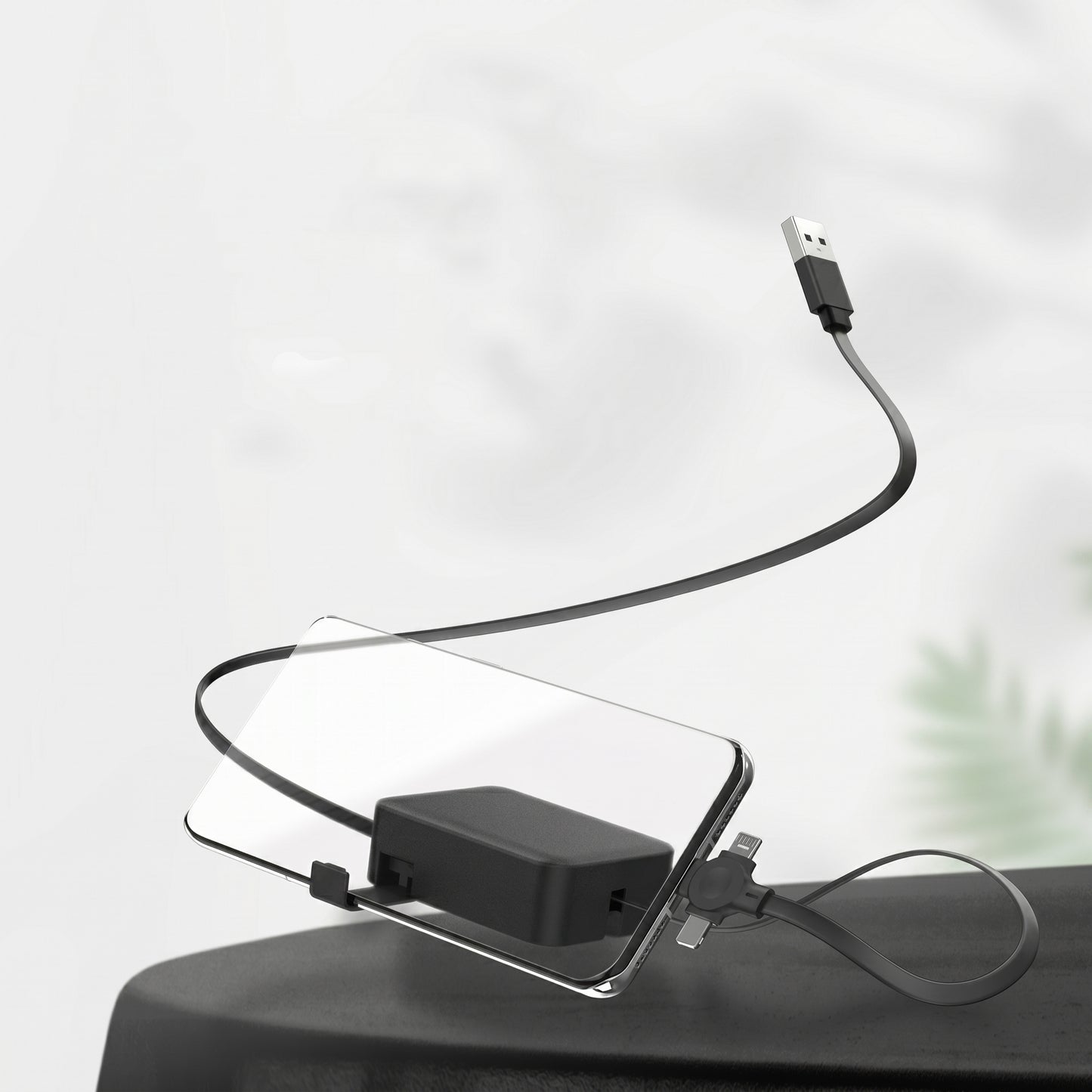 A black Zainzio 4-in-1 retractable charging cable is suspended, showcasing its USB-A end and multi-port connector on a clear holder for easy organization.
