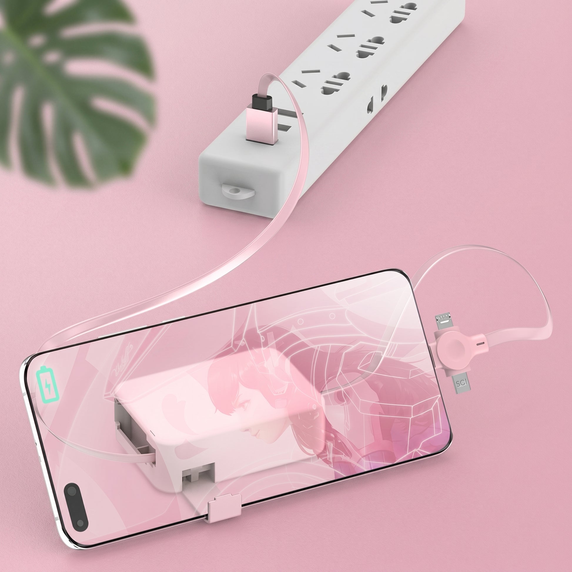 A pink smartphone charges via a retractable pink multi-connector cable plugged into a white power strip. The setup is on a pink background with a green leaf.
