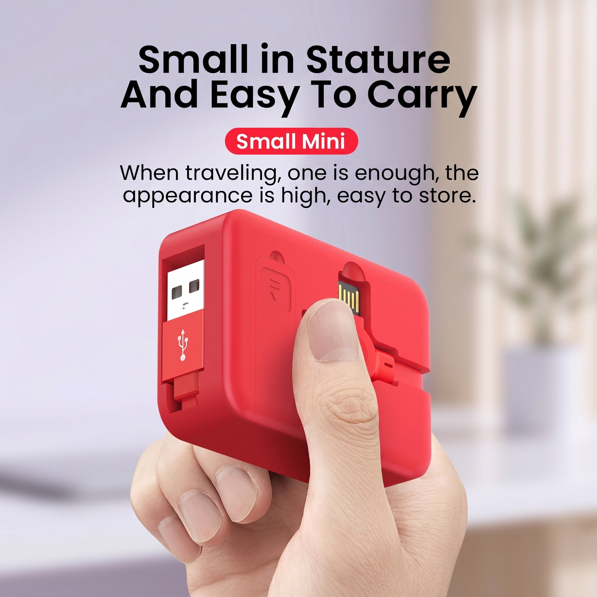 A hand holds a small, red, rectangular multi-port charging device. Visible retractable USB-A and other connectors highlight its compact design. Text: Small in Stature And Easy To Carry. Small Mini. When traveling, one is enough, the appearance is high, easy to store.