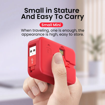 A hand holds a small, red, rectangular multi-port charging device. Visible retractable USB-A and other connectors highlight its compact design. Text: Small in Stature And Easy To Carry. Small Mini. When traveling, one is enough, the appearance is high, easy to store.