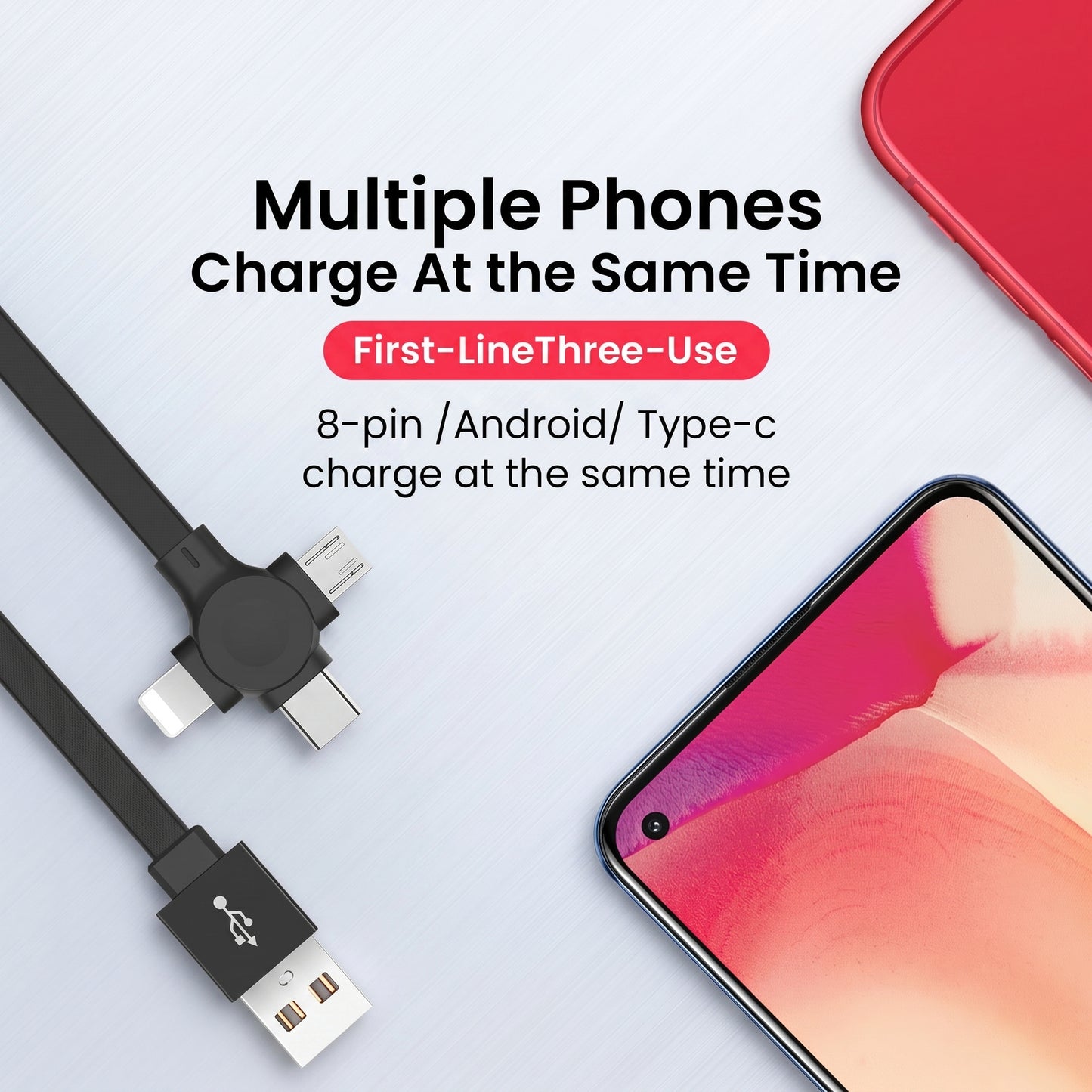 A black multi-charging cable with USB-A, 8-pin, Android, and Type-C connectors is displayed with two smartphones. Text: "Multiple Phones Charge At the Same Time. First-LineThree-Use. 8-pin /Android/ Type-c charge at the same time.