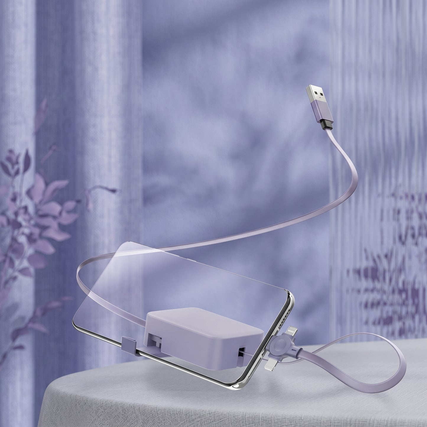 A Zainzio 4-in-1 retractable cable in purple connects to a smartphone in a clear case, with its USB-A plug visible. The scene is set against a soft purple background.