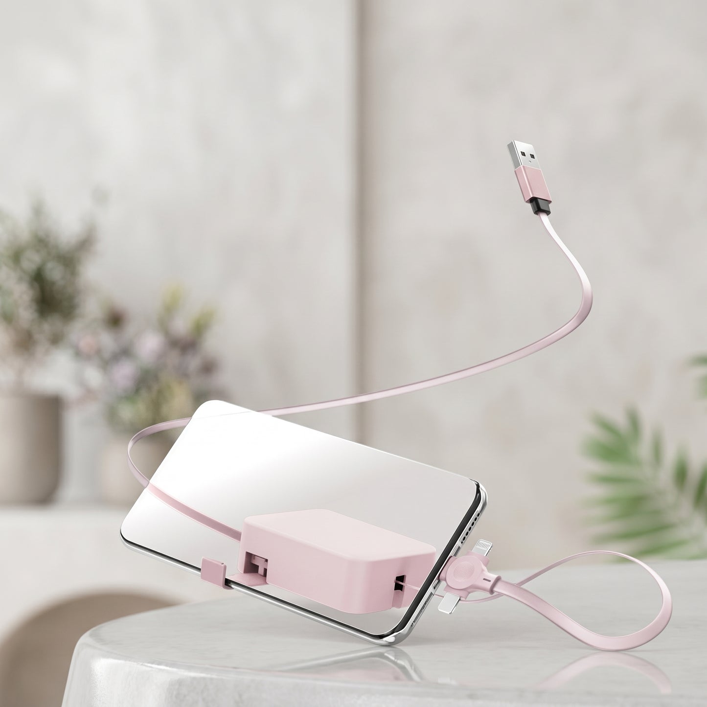A pink Zainzio 4-in-1 retractable cable is attached to a smartphone, with its USB end floating above. This product image highlights the cable's compact design.