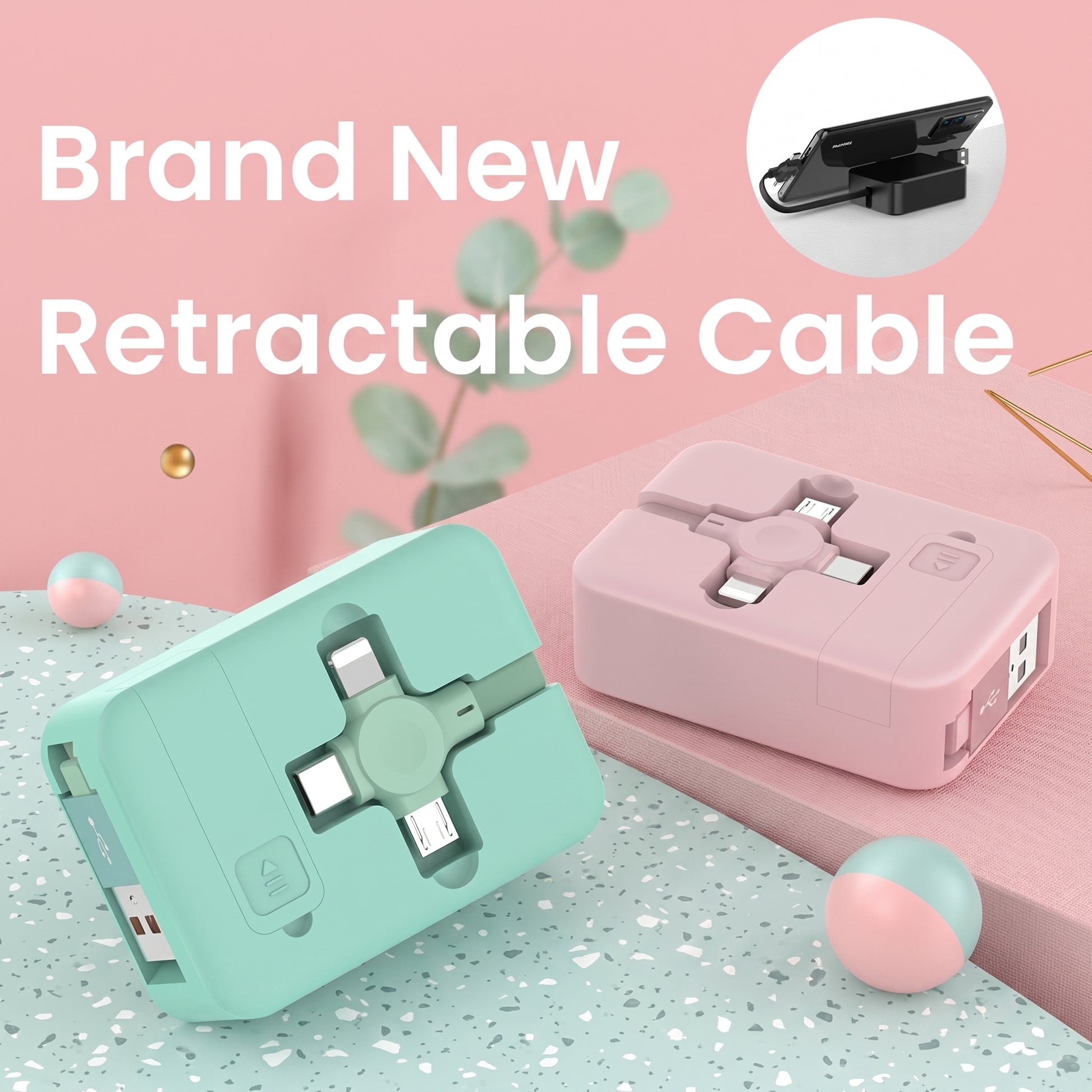 Brand New Retractable Cable. Two mint and pink multi-connector retractable cables are displayed on a pastel background, with an inset showing a phone resting on a black cable.