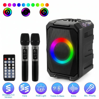 A black portable speaker with a rainbow LED light ring, two wireless microphones, and a remote. Features shown are Wireless 5.0, TWS, RGB Light, Treble & Bass, Echo, and Mic. Priority.