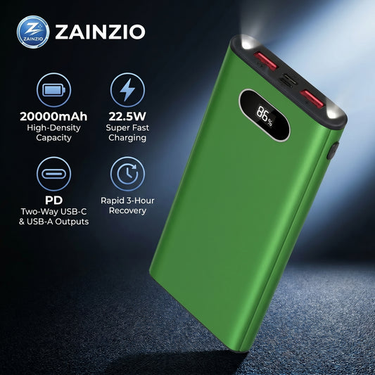Green power bank with Zainzio branding and specifications on a dark background