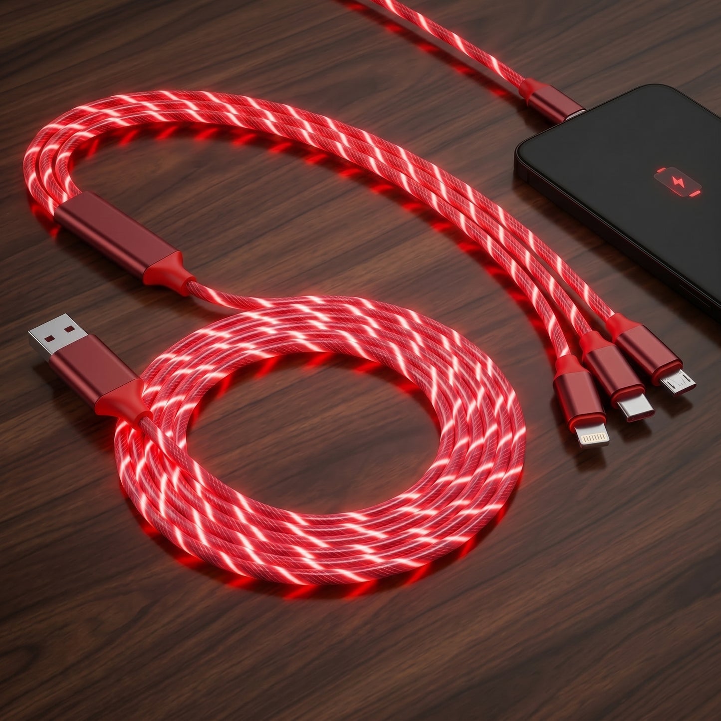 A red, glowing 3-in-1 LED charging cable is coiled on a dark wooden surface. One end connects to a smartphone, highlighting the cable's vibrant 'streamer' light effect.