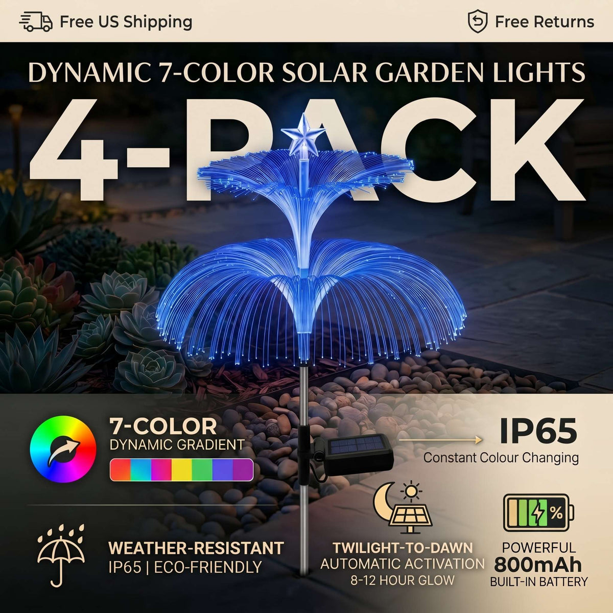 A 4-pack of dynamic 7-color solar garden lights shown in a nighttime outdoor setting over a stone garden bed. The main light glows blue with a star on top, and the package includes promotional text, a color wheel graphic, and feature icons for IP65, weather resistance, twilight-to-dawn automatic activation, and 8-hour glow.