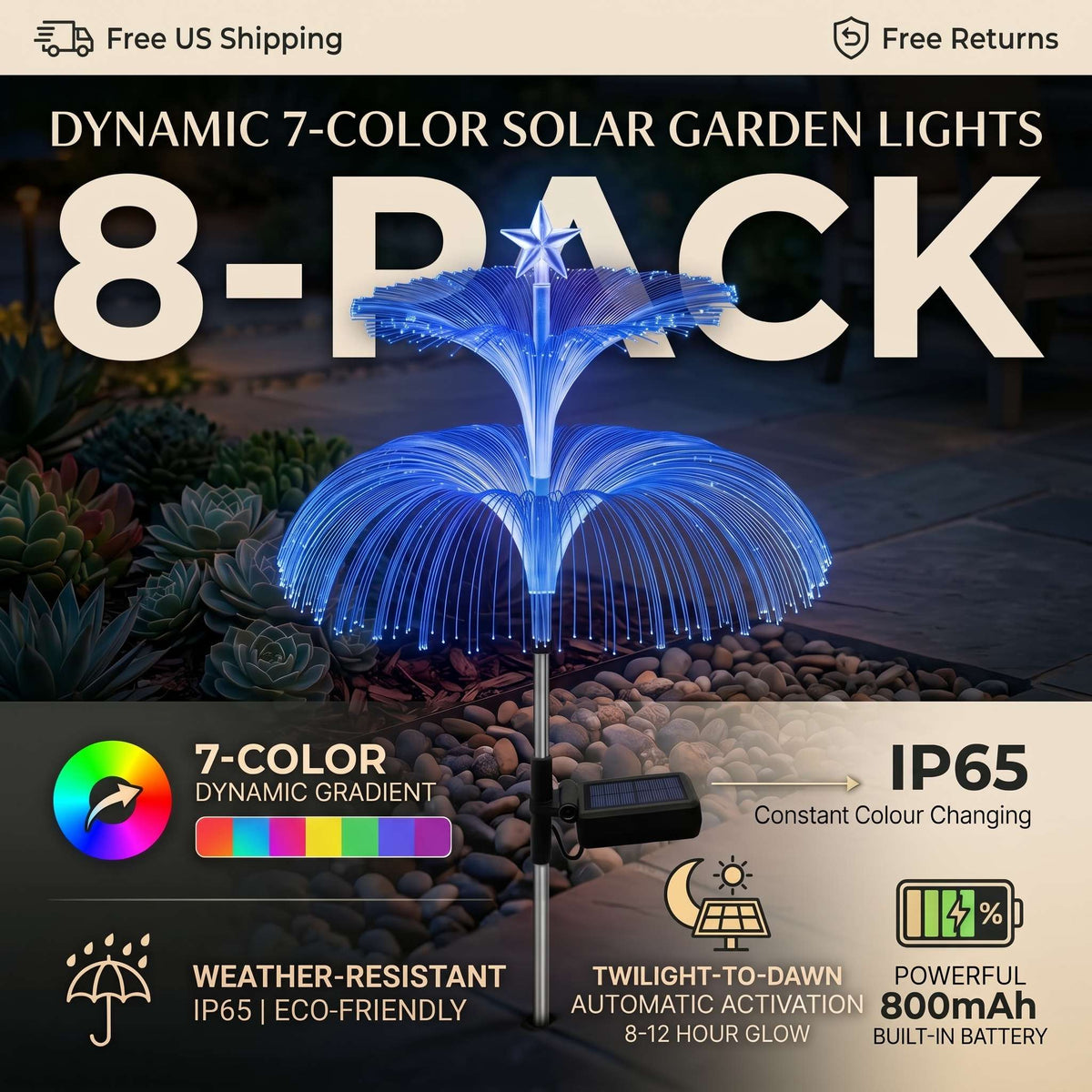 Promotional graphic for an 8-pack of dynamic 7-color solar garden lights. The main product shown is a blue illuminated fiber-optic flower-shaped light on a black pole with a small solar panel attached.