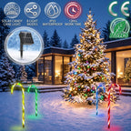 Close-up of the adjustable solar panel and feature icons for Zainzio solar candy cane stake lights designed for winter weather and outdoor holiday displays.