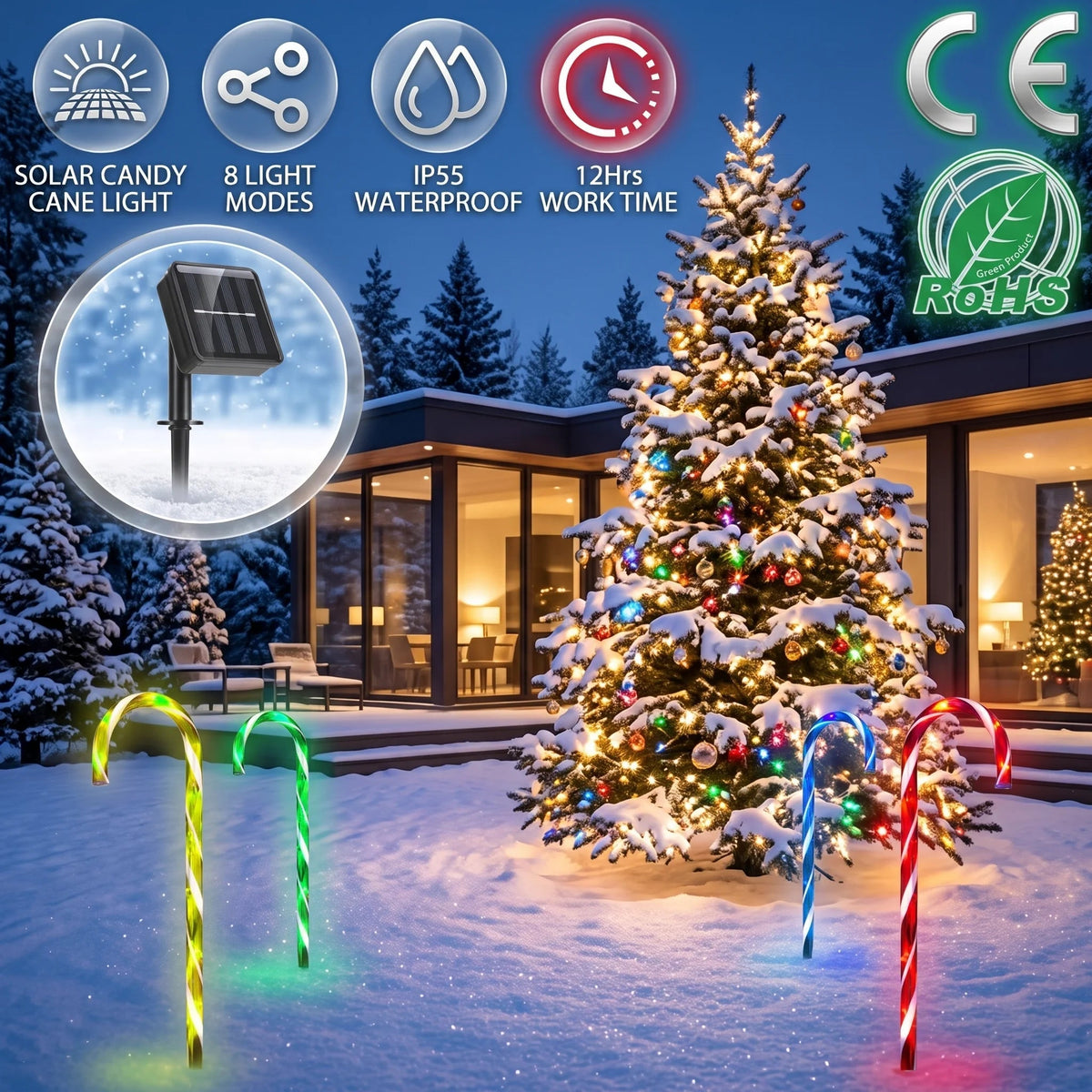 Close-up of the adjustable solar panel and feature icons for Zainzio solar candy cane stake lights designed for winter weather and outdoor holiday displays.