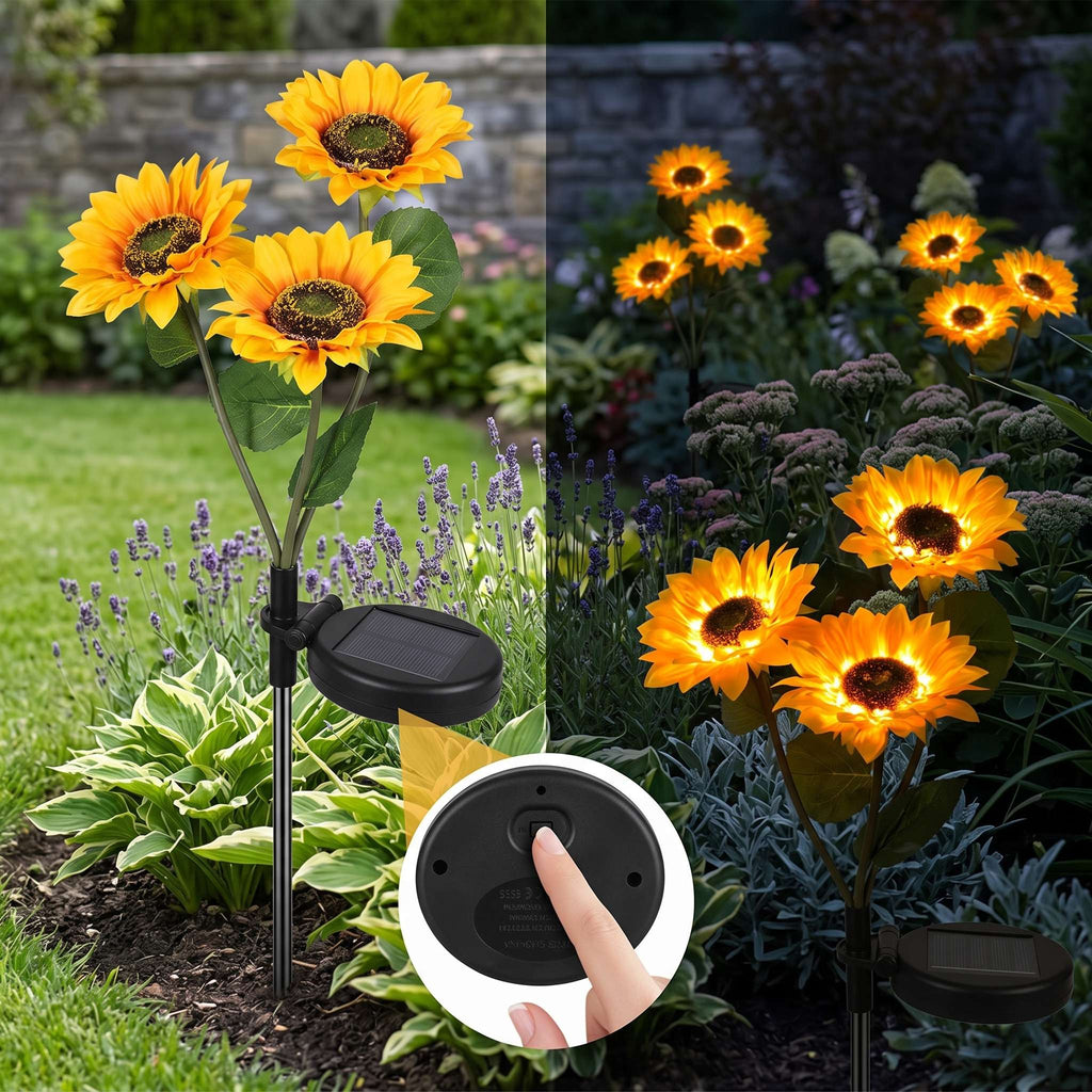 Solar-powered sunflower garden lights shown in a split daylight and nighttime comparison. The left side shows three bright yellow sunflower lights with black solar panels and metal stakes planted in a green garden.
