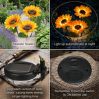 A four-panel product collage showing solar flower lights in use and close-up details. Top-left shows three realistic sunflower-shaped lights on a garden path at day, with text reading 'Realistic flowers.