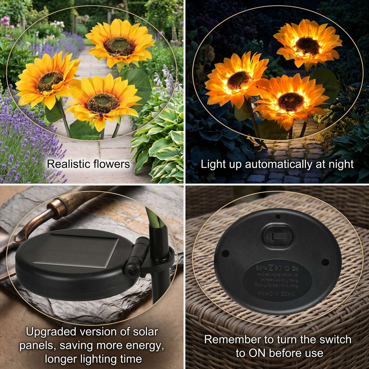 A four-panel product collage showing solar flower lights in use and close-up details. Top-left shows three realistic sunflower-shaped lights on a garden path at day, with text reading 'Realistic flowers.