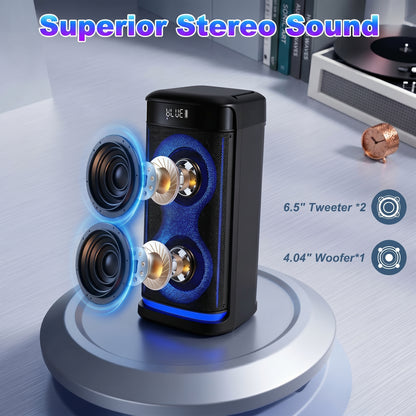 A black party speaker with vibrant blue lights highlights its internal "6.5" Tweeter *2" and "4.04" Woofer*1" components. The display shows "BLUE". Text: Superior Stereo Sound.