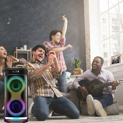 Friends enjoy a lively party in a living room, with a colorful Zainzio speaker in the foreground. "BLUE" is visible on its screen.
