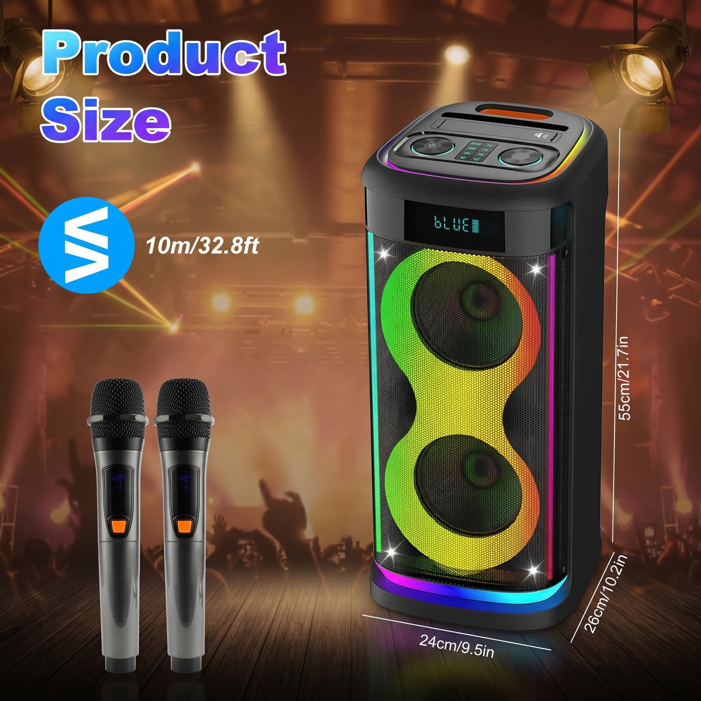 A Zainzio 50W party speaker with vibrant RGB lights and two microphones is shown, detailing its dimensions. Text: Product Size, 10m/32.8ft, BLUE.