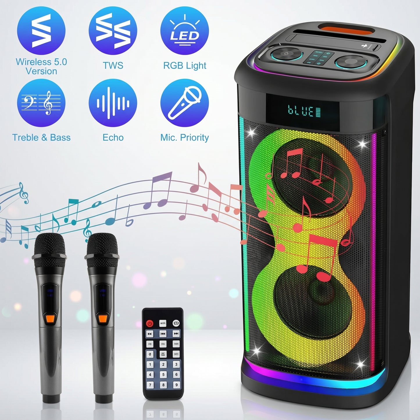 A black party speaker with vibrant RGB lights, two microphones, and a remote. Features: Wireless 5.0, TWS, RGB Light, Treble & Bass, Echo, Mic. Priority, "BLUE" on screen.