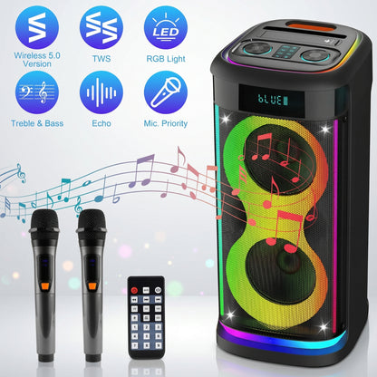 A black party speaker with vibrant RGB lights, two microphones, and a remote. Features: Wireless 5.0, TWS, RGB Light, Treble & Bass, Echo, Mic. Priority, "BLUE" on screen.