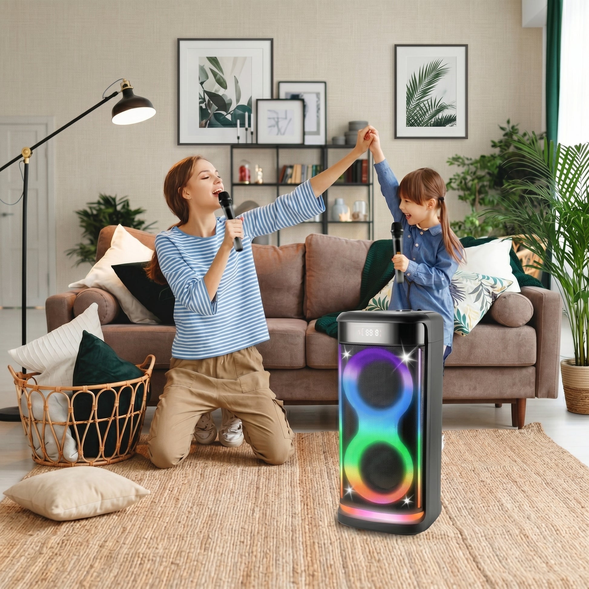 A woman and child happily sing into microphones with a colorful RGB party speaker. The speaker displays "08:58" and features vibrant "8"-shaped lights.