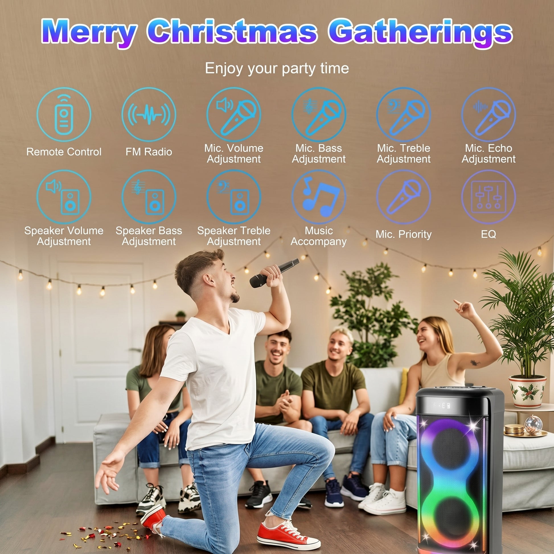 Merry Christmas Gatherings. A man sings into a mic with friends around a colorful party speaker, featuring various settings shown by icons.