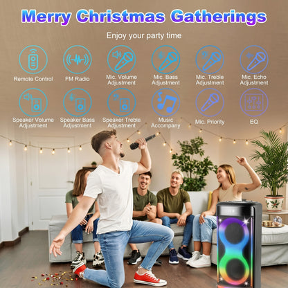 Merry Christmas Gatherings. A man sings into a mic with friends around a colorful party speaker, featuring various settings shown by icons.