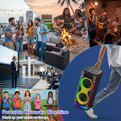 A collage showcases a portable party speaker with RGB lights used at a rooftop party, campfire, live band, and other events. "Portable Karaoke Machine. Crank up your music on-the-go.
