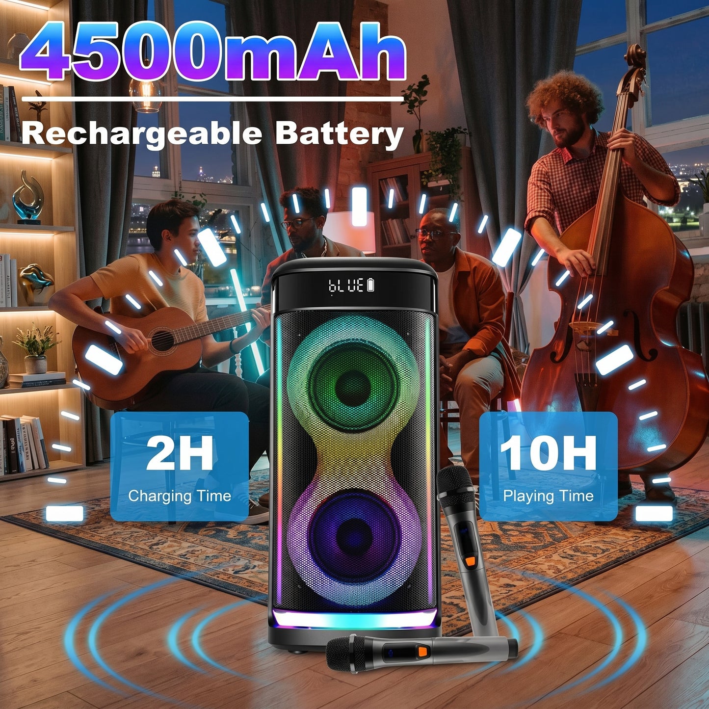 A party speaker with colorful lights, two mics, and musicians in the background. Features: 4500mAh Rechargeable Battery, 2H Charging Time, 10H Playing Time, BLUE.