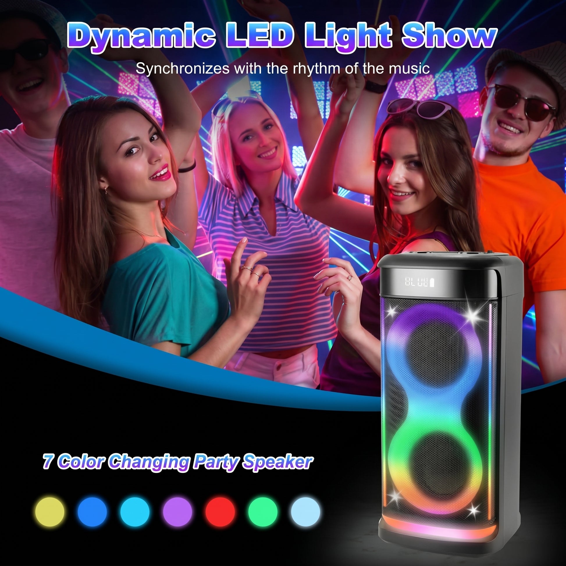 A vibrant party speaker with an '8'-shaped LED light show in a dynamic party scene. Text: Dynamic LED Light Show, Synchronizes with the rhythm of the music, 7 Color Changing Party Speaker.