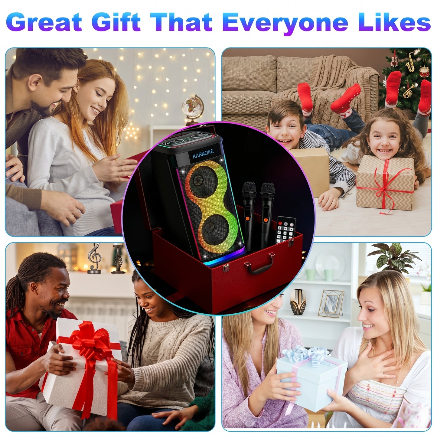 Great Gift That Everyone Likes." A collage featuring a portable speaker with RGB lights and mics, surrounded by happy people giving and receiving gifts.