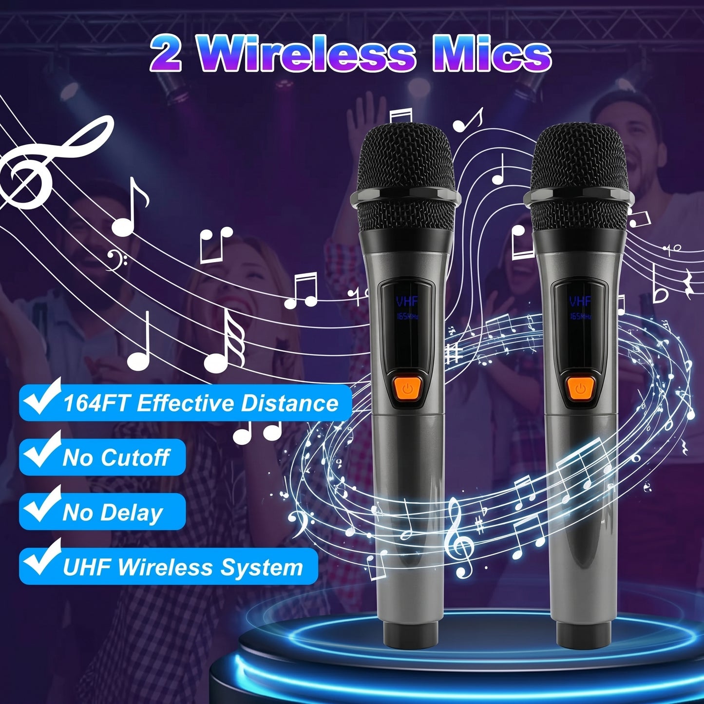 Two wireless microphones are shown with musical notes and people enjoying music. The text reads: "2 Wireless Mics," "164FT Effective Distance," "No Cutoff," "No Delay," "UHF Wireless System.