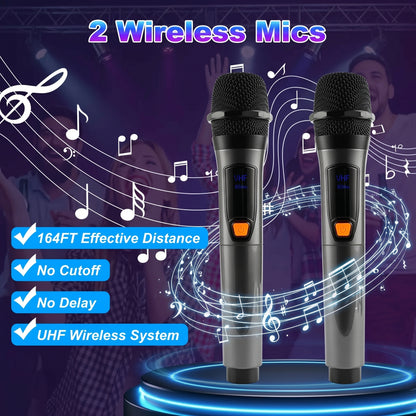 Two wireless microphones are shown with musical notes and people enjoying music. The text reads: "2 Wireless Mics," "164FT Effective Distance," "No Cutoff," "No Delay," "UHF Wireless System.