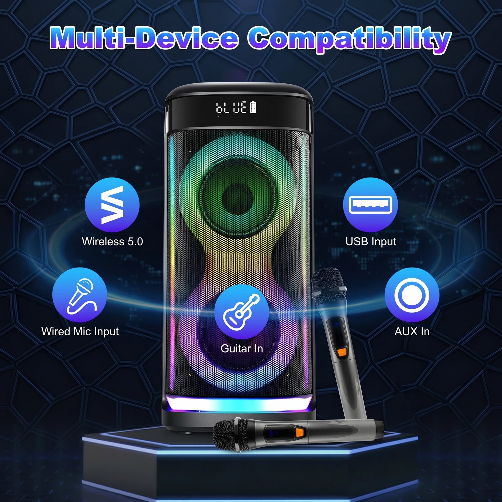 Multi-Device Compatibility is displayed above a party speaker with RGB lights, showcasing inputs for Wireless 5.0, USB, Wired Mic, Guitar, and AUX In. Two microphones rest in front.