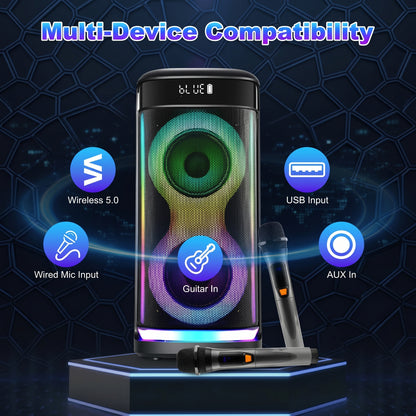Multi-Device Compatibility is displayed above a party speaker with RGB lights, showcasing inputs for Wireless 5.0, USB, Wired Mic, Guitar, and AUX In. Two microphones rest in front.