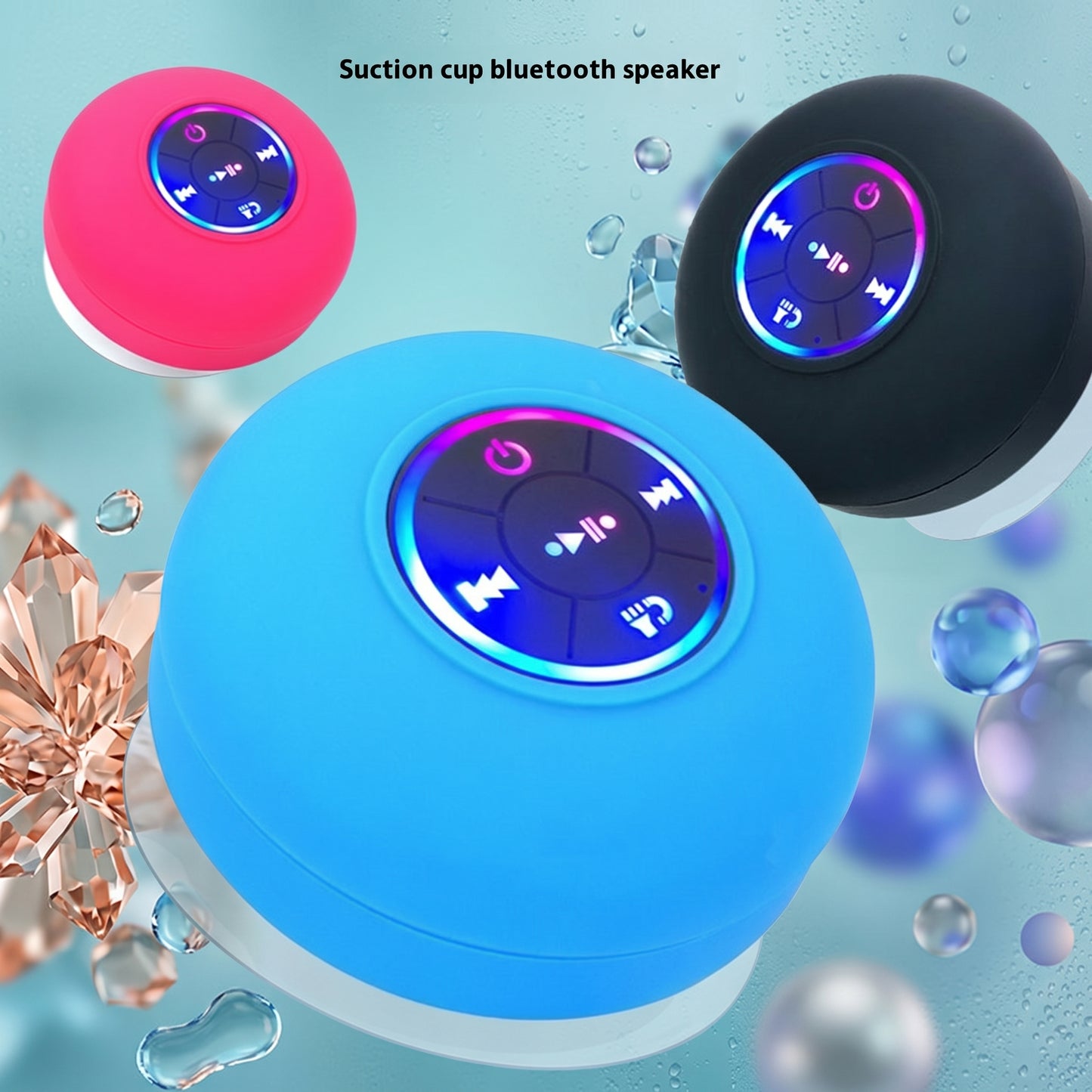 Three colorful suction cup Bluetooth speakers, blue, pink, and black, display their LED-lit controls. Text: Suction cup bluetooth speaker.