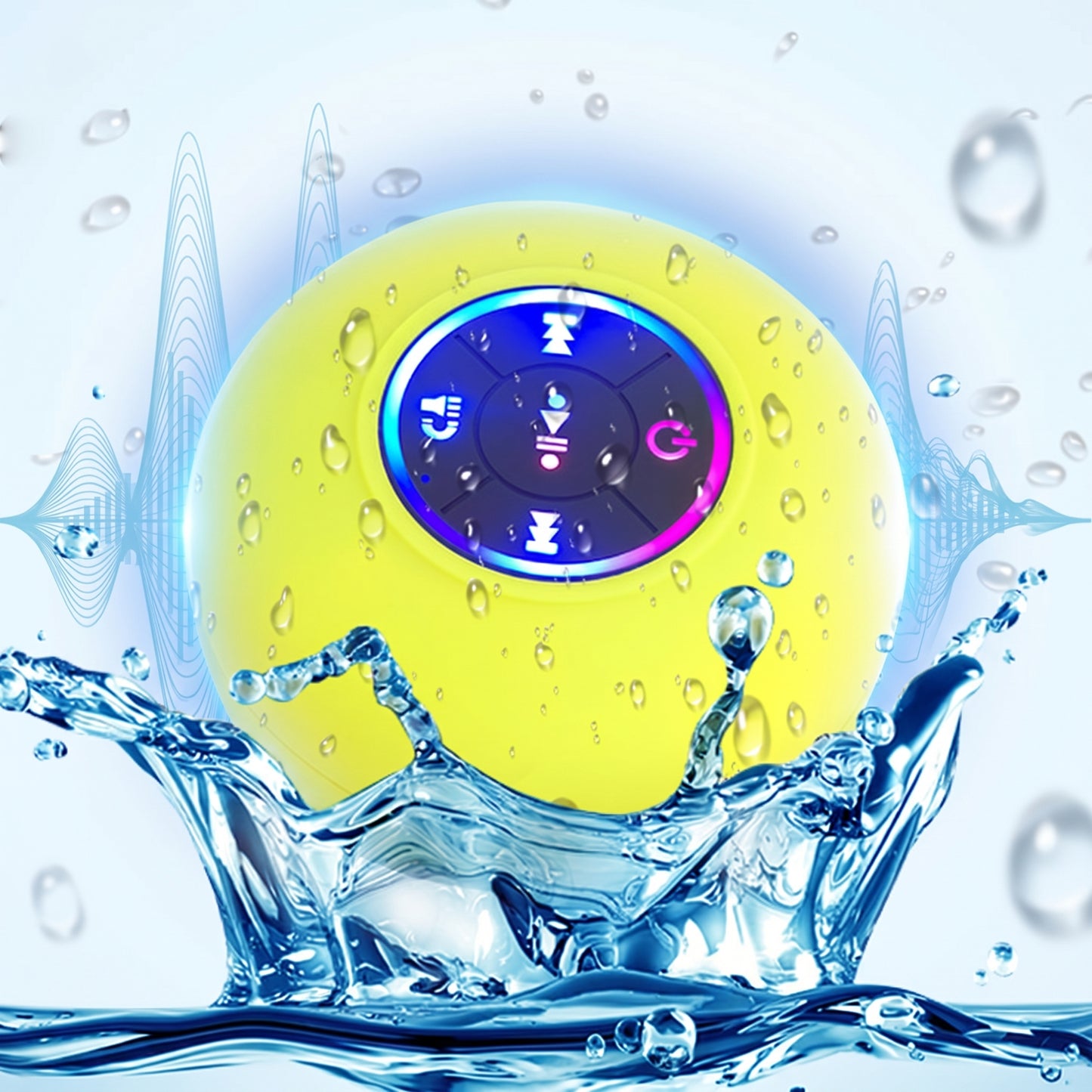 A bright yellow waterproof Bluetooth speaker with illuminated controls splashes dramatically in water, set against a background of blue sound waves.