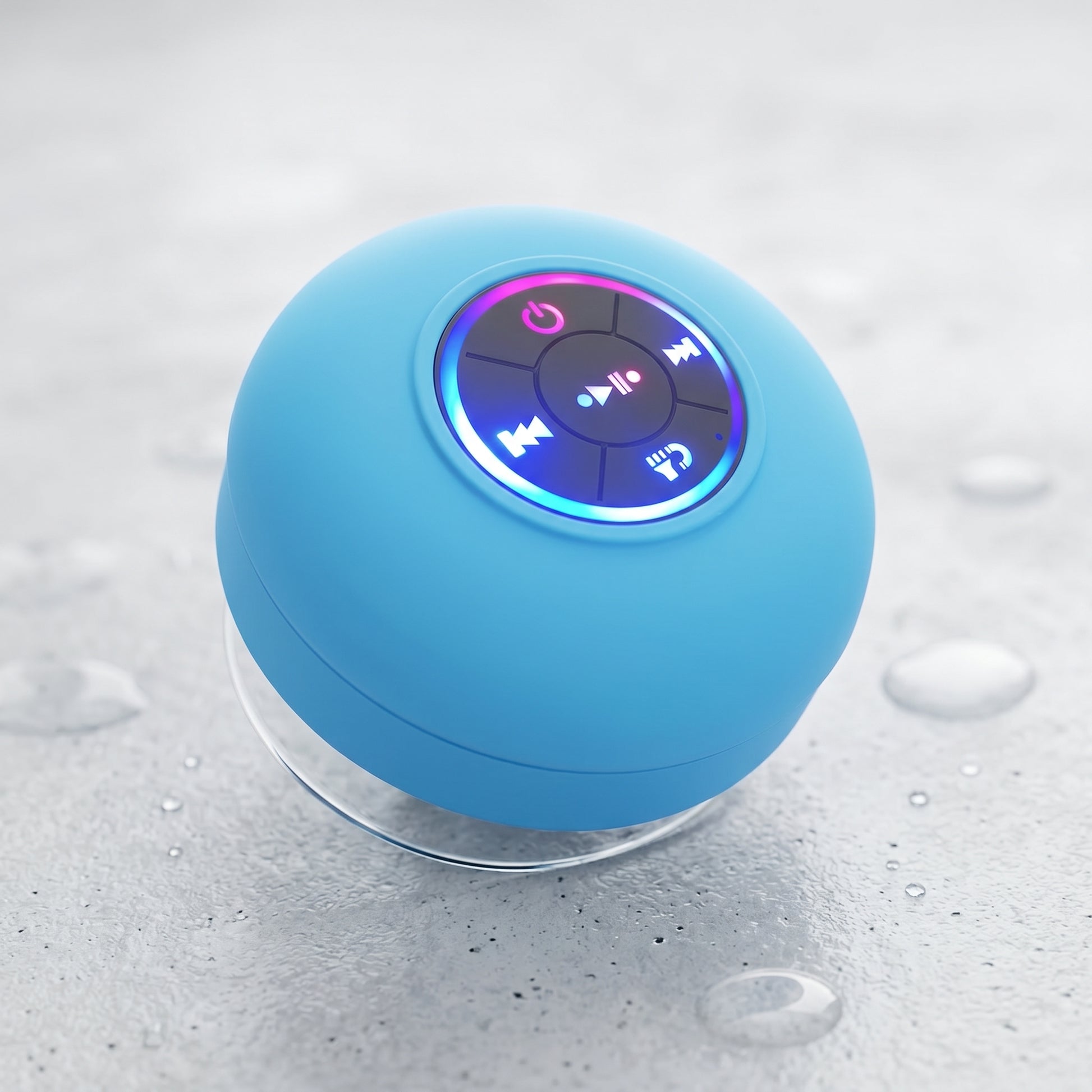 A light blue waterproof Bluetooth speaker with illuminated controls. It features a suction cup base and LED lights, resting on a wet surface.