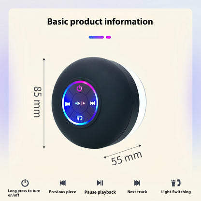A black waterproof Bluetooth speaker with blue and purple LED lights, measuring 85mm by 55mm. It features controls for power, playback, and light switching. Basic product information.
