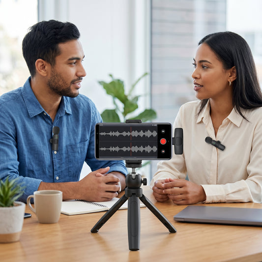 Two people record a conversation using wireless lavalier microphones, with a smartphone on a tripod displaying audio waveforms between them.