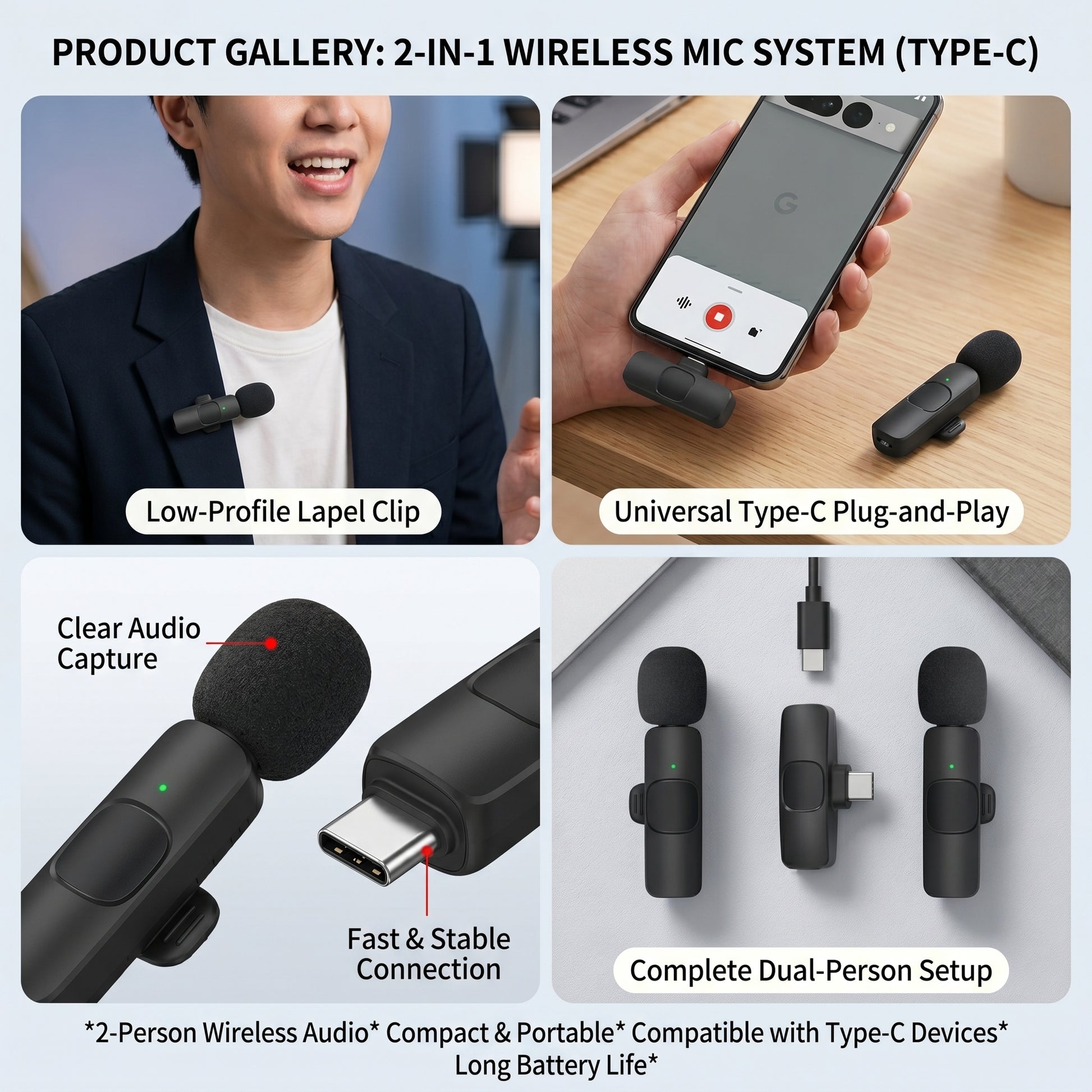 PRODUCT GALLERY: 2-IN-1 WIRELESS MIC SYSTEM (TYPE-C). Features include a low-profile clip, Type-C plug-and-play, clear audio, stable connection, and dual-person setup.
