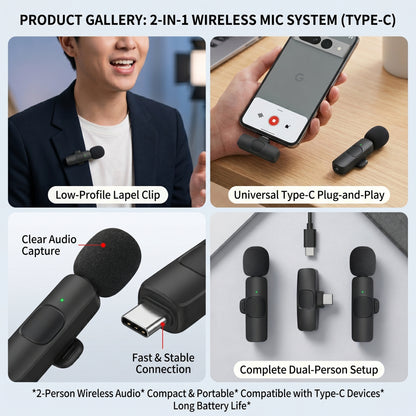 PRODUCT GALLERY: 2-IN-1 WIRELESS MIC SYSTEM (TYPE-C). Features include a low-profile clip, Type-C plug-and-play, clear audio, stable connection, and dual-person setup.