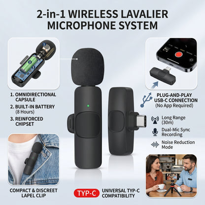 The "2-in-1 Wireless Lavalier Microphone System" is shown, highlighting its compact, black design, Type-C compatibility, and key features.